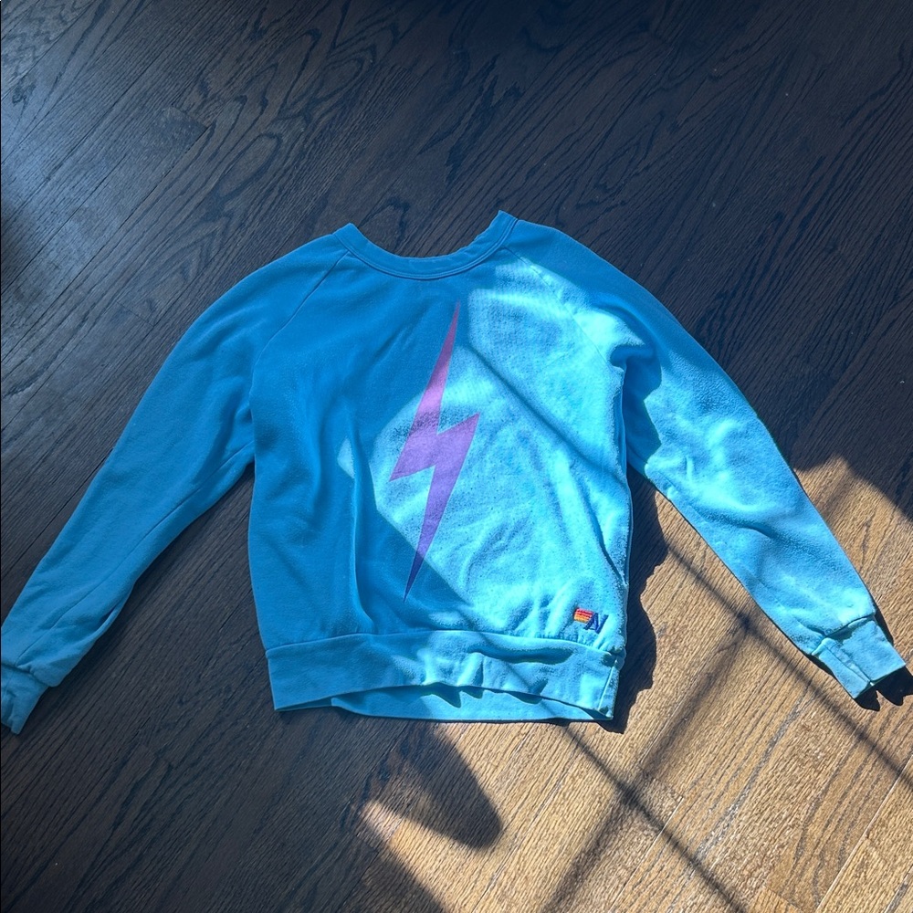 Aviator Nation Blue Sweatshirt with Pink Lightning Bolt
